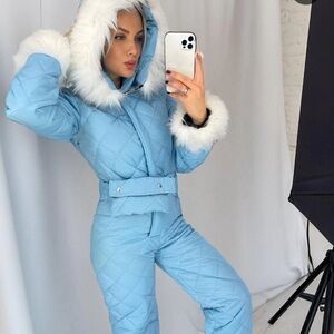 Light Blue Quilted Snowsuit with White Fur Trim